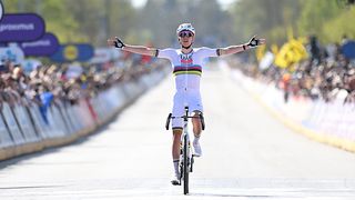 Tadej Pogačar of Slovenia and UAE Team Emirates sprint at finish line to win the 87th La Fleche Wallonne 2023