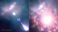 A two-part illustration of supernova GRB 250314A as it was exploding and when it was observed three months later.