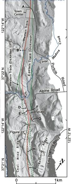 Simplified map of the San Andreas Fault zone crossing Portola Valley in California. The newly mapped fault strand is in red.
