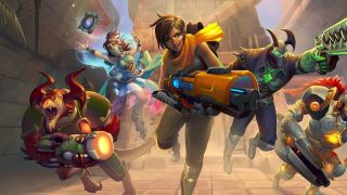 Paladins promotional screenshot of five characters charging toward the player holding various weapons.