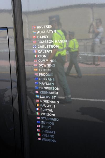 The Team Sky roster on the bus. Sky lost one of its soigneurs to a virus that has plagued the team.
