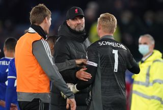 Liverpool manager Jurgen Klopp shakes hands with Leicester goalkeeper Kasper Schmeichel after the game