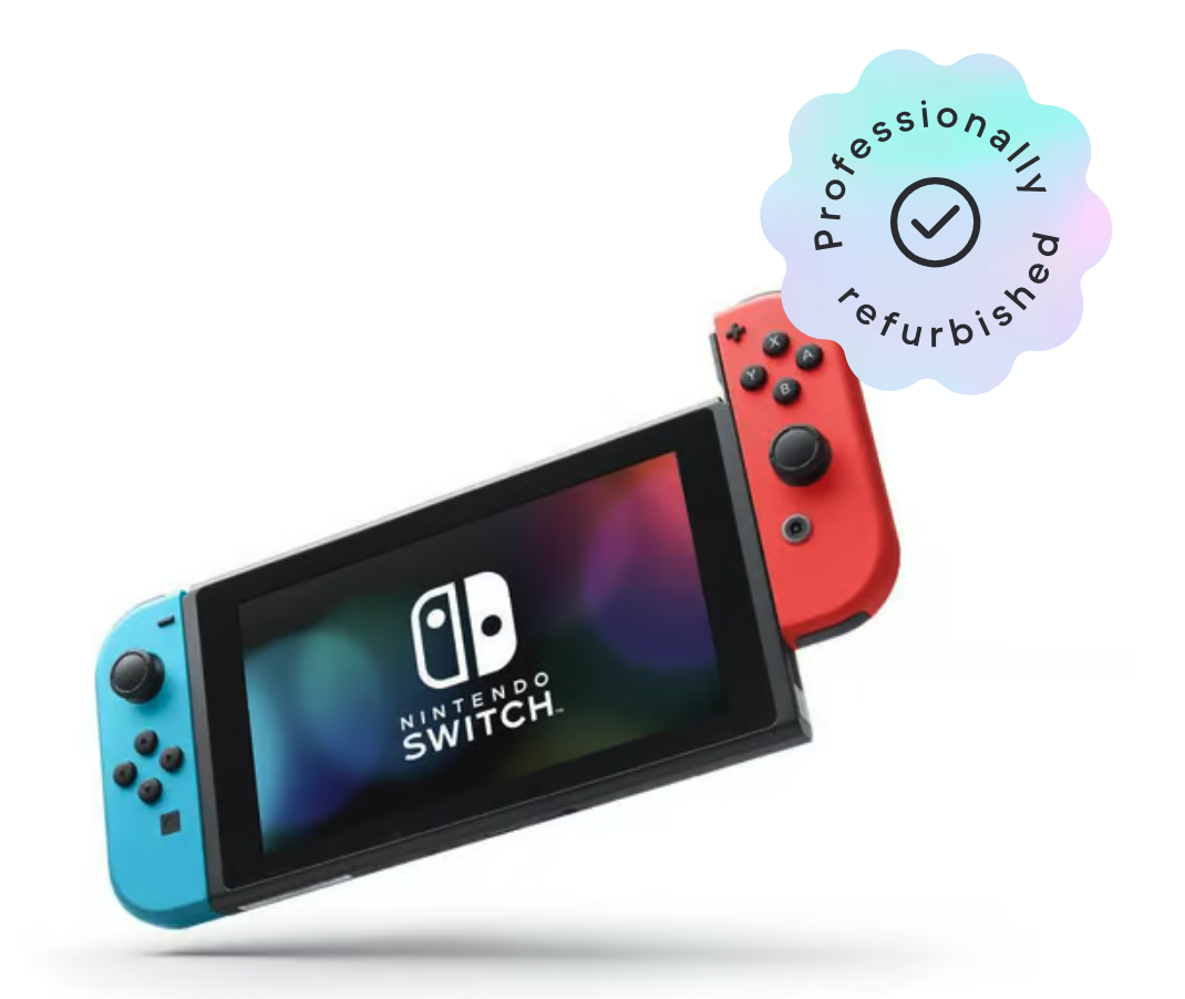 Switch Neon Red/Blue on a white background with a refurbished stamp