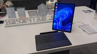 The TCL Book X12 Go, pictured on the TCL stand at MWC 2023.