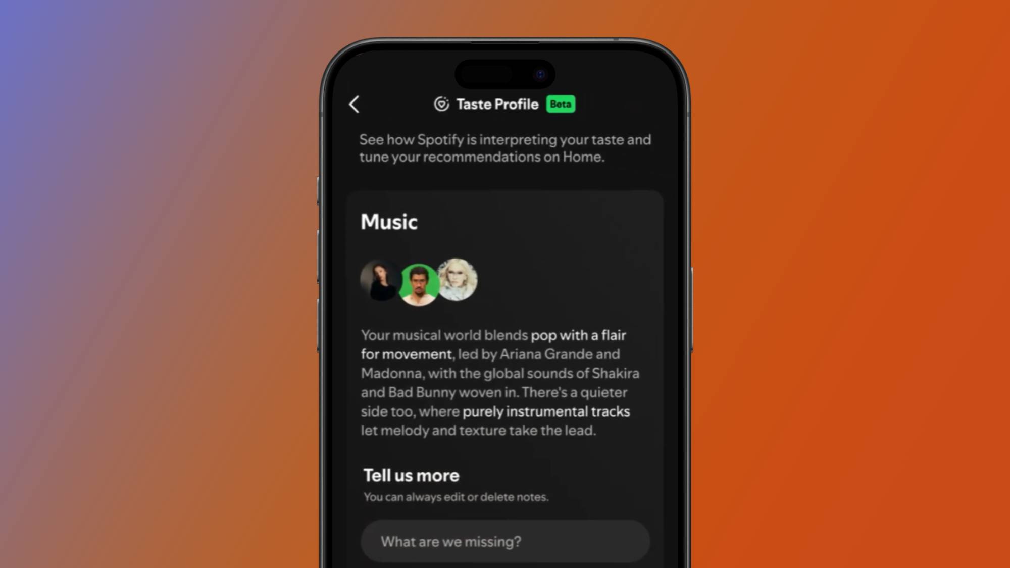 A smartphone with Spotify's Taste Profile tool