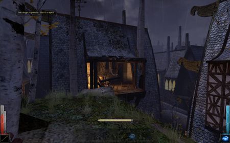 Text reminds you to press W + SHIFT to run above a screenshot of a ledge leading across a gap toward a rooftop