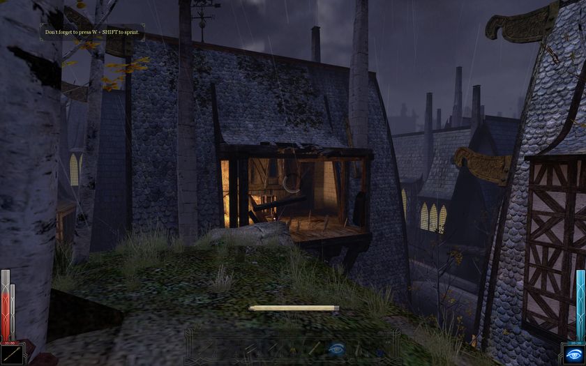 Text reminds you to press W + SHIFT to run above a screenshot of a ledge leading across a gap toward a rooftop