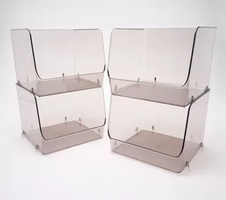 Four clear plastic storage bins with open tops and fronts