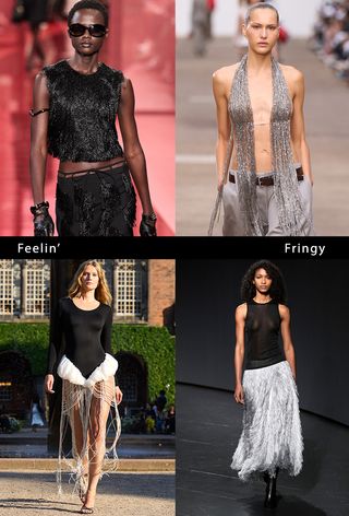 party trends of 2025 shown in a collage of models wearing the fringe trend in the fall and spring runway collections of Gucci, Stella McCartney, 16Arlington, and Rotate