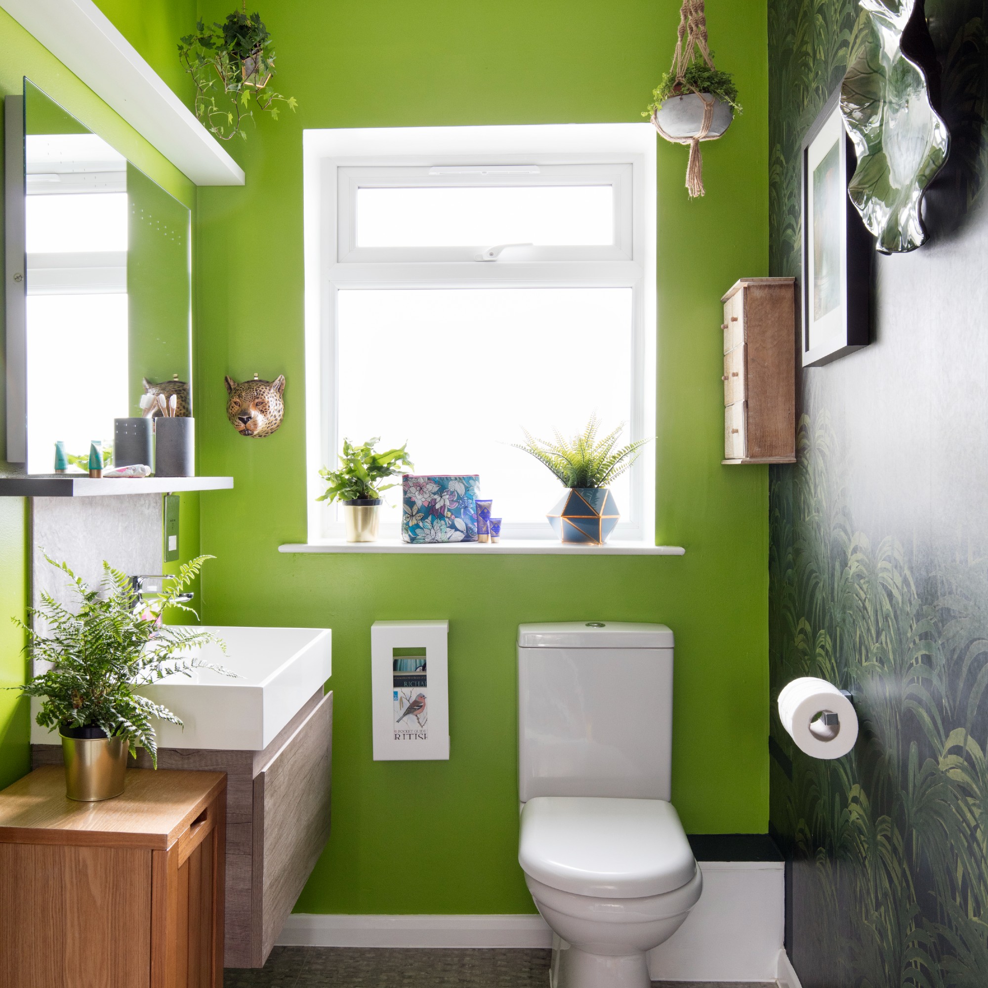 A cloakroom painted bright green