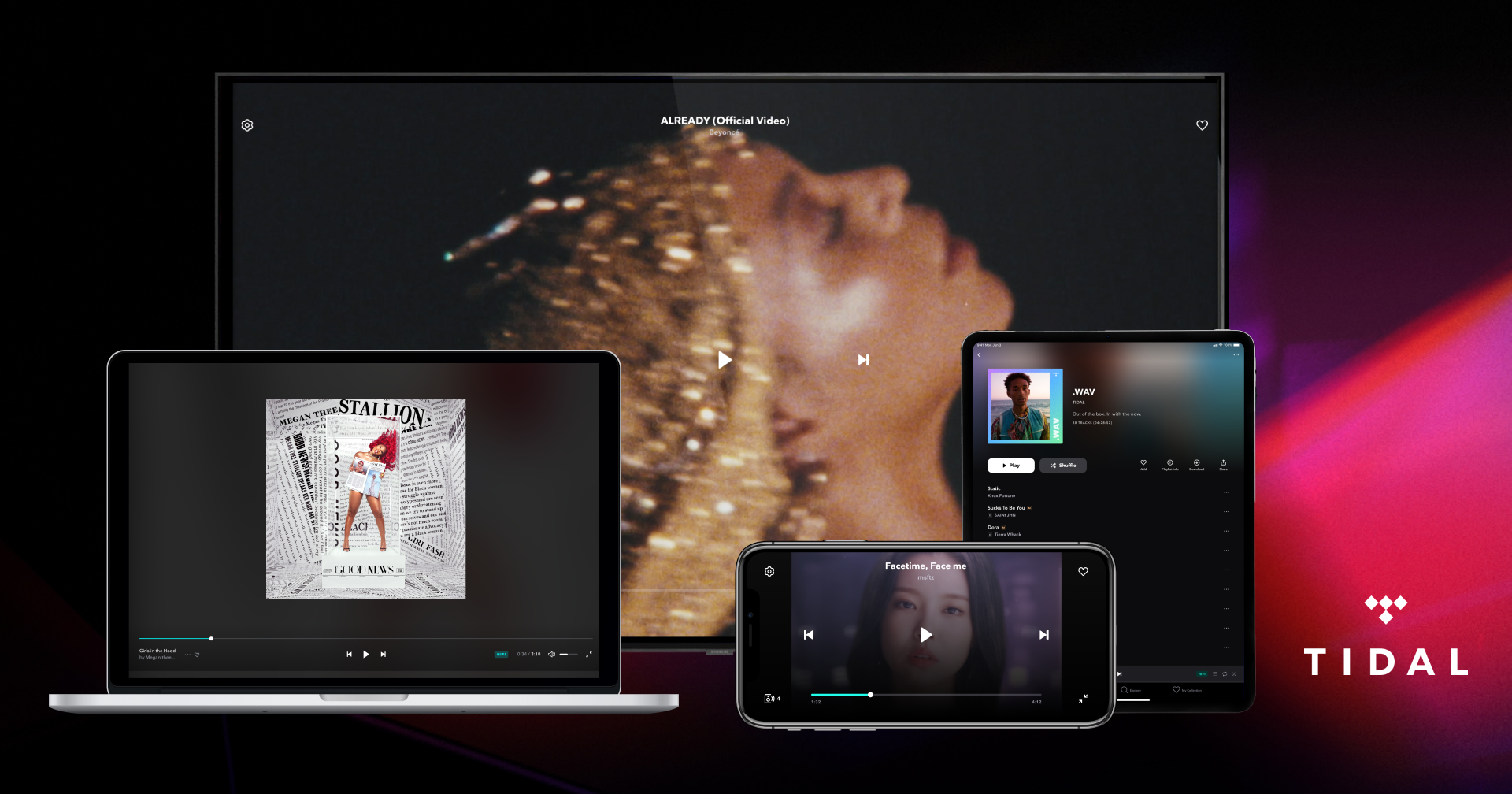 A promo shot for Tidal, showing the Tidal app displayed on a range of devices.