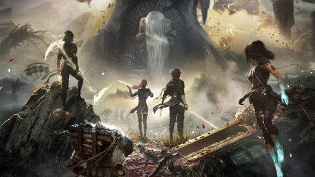 Sciel, Marielle, Gustave, Lune, and Monoco approach the Paintress in the Clair Obscur: Expedition 33 key art, cropped for our thumbnail