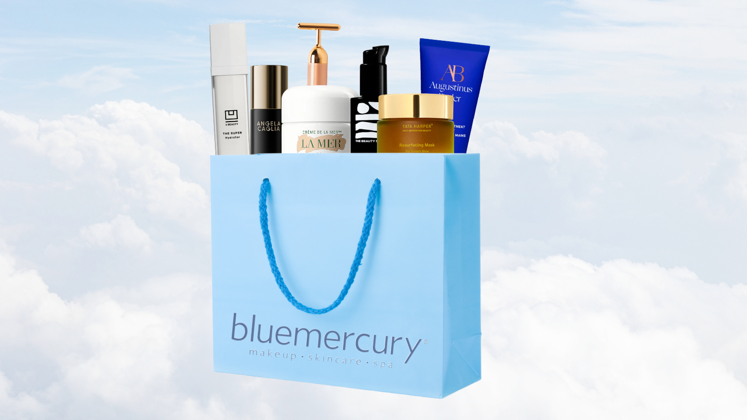 collage of a bluemercury shopping bag with skincare prodcuts