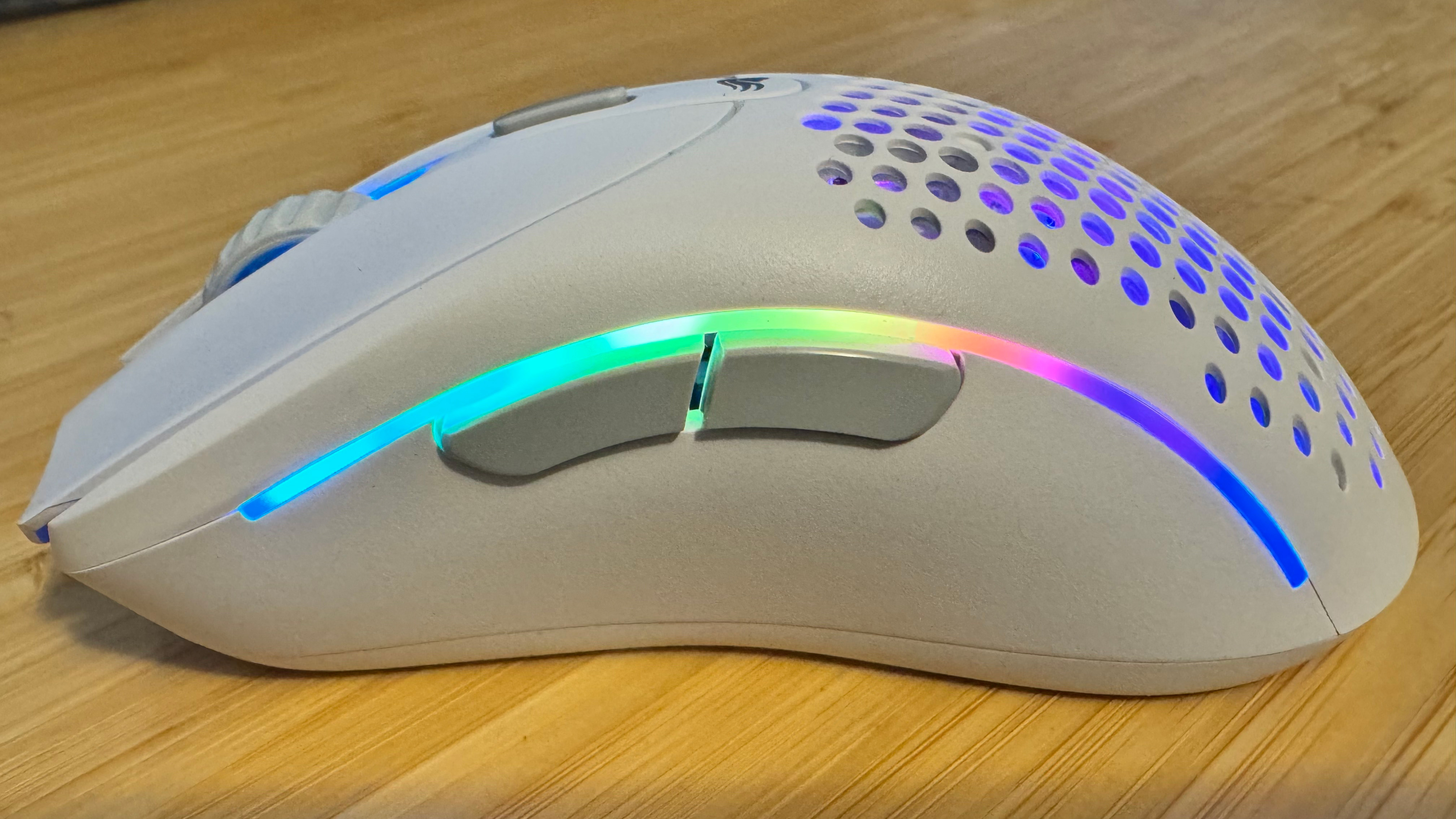 Glorious Model D 2 gaming mouse with RGB enabled.