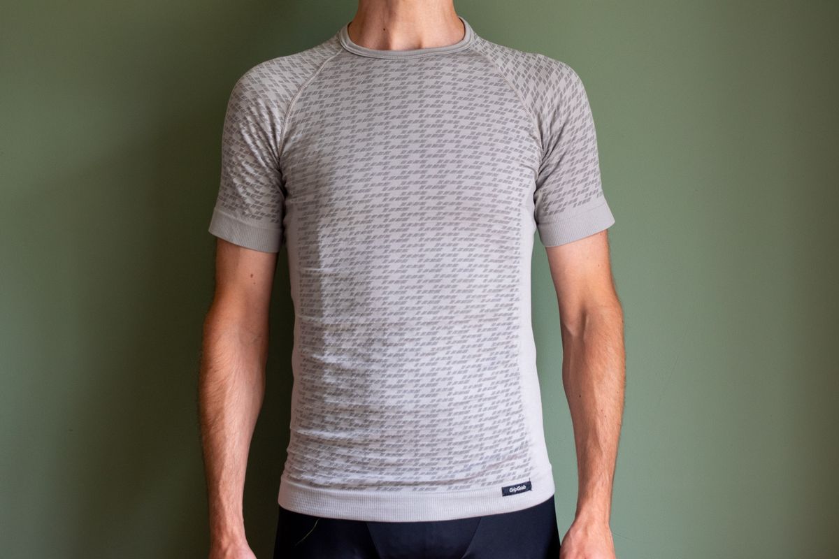 A man wearing the GribGrap expert seamless base layer