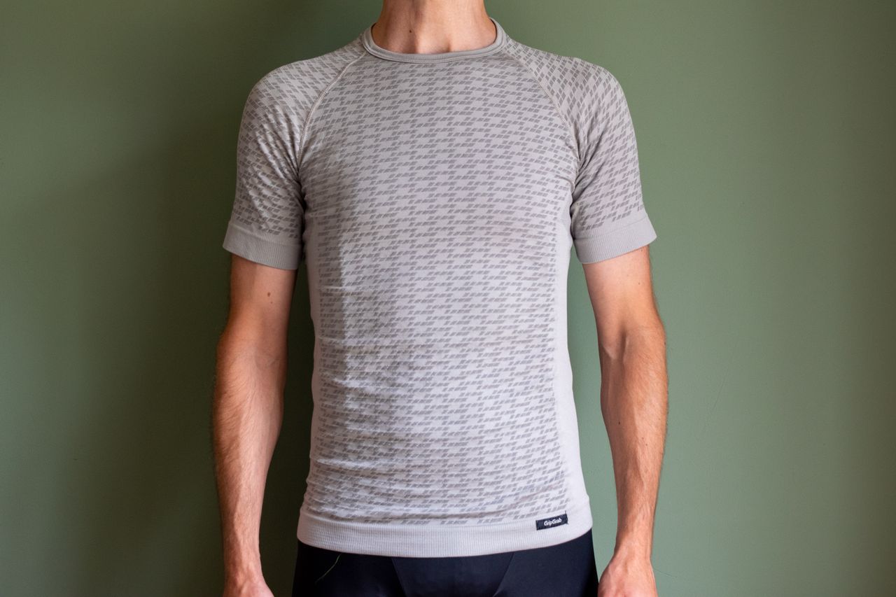 A man wearing the GribGrap expert seamless base layer