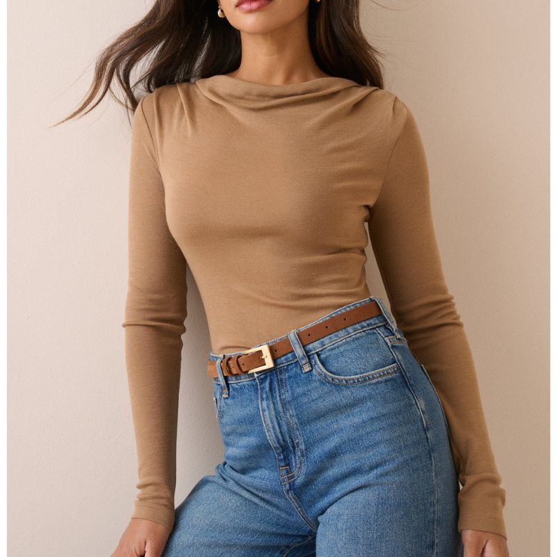 Nobody's Child , Merino Wool Draped Boat Neck Long Sleeve Top