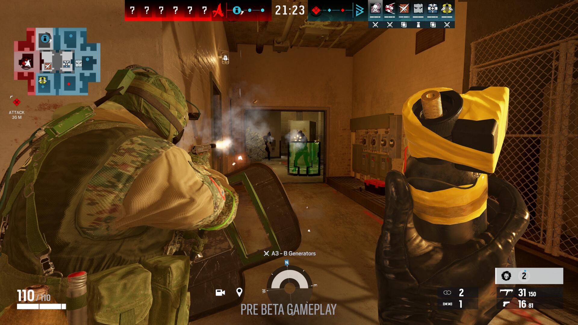 A player prepares a charge in Tom Clancy's Rainbow Six Siege X in Dual Front mode, within the district map