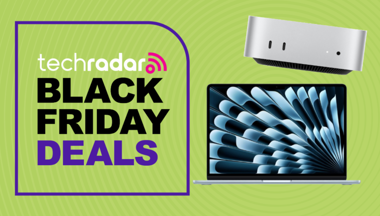 Apple MacBook Air and Mac mini on a green background next to a TechRadar badge reading 'Black Friday deals'