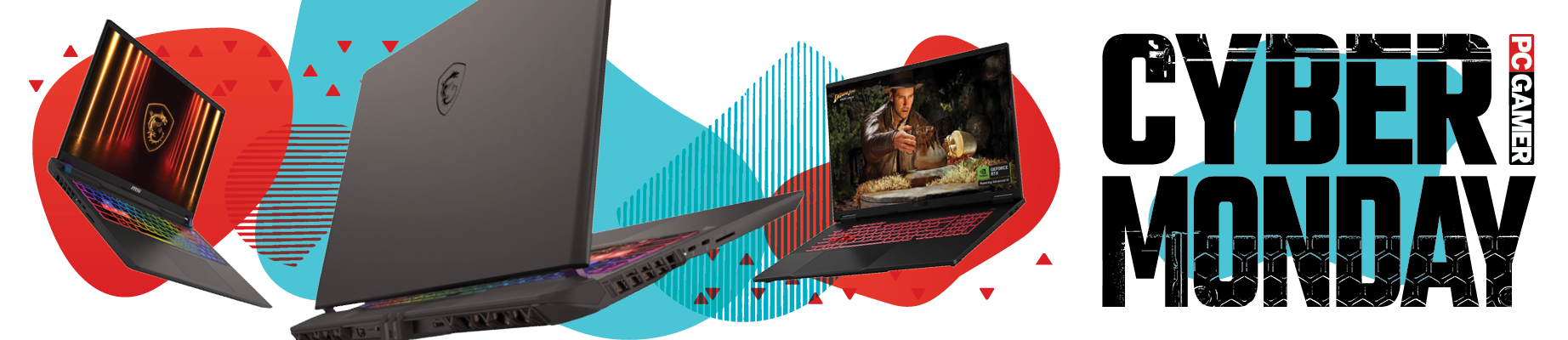 A banner for Cyber Monday gaming laptop deals, showing several MSI and HP machines
