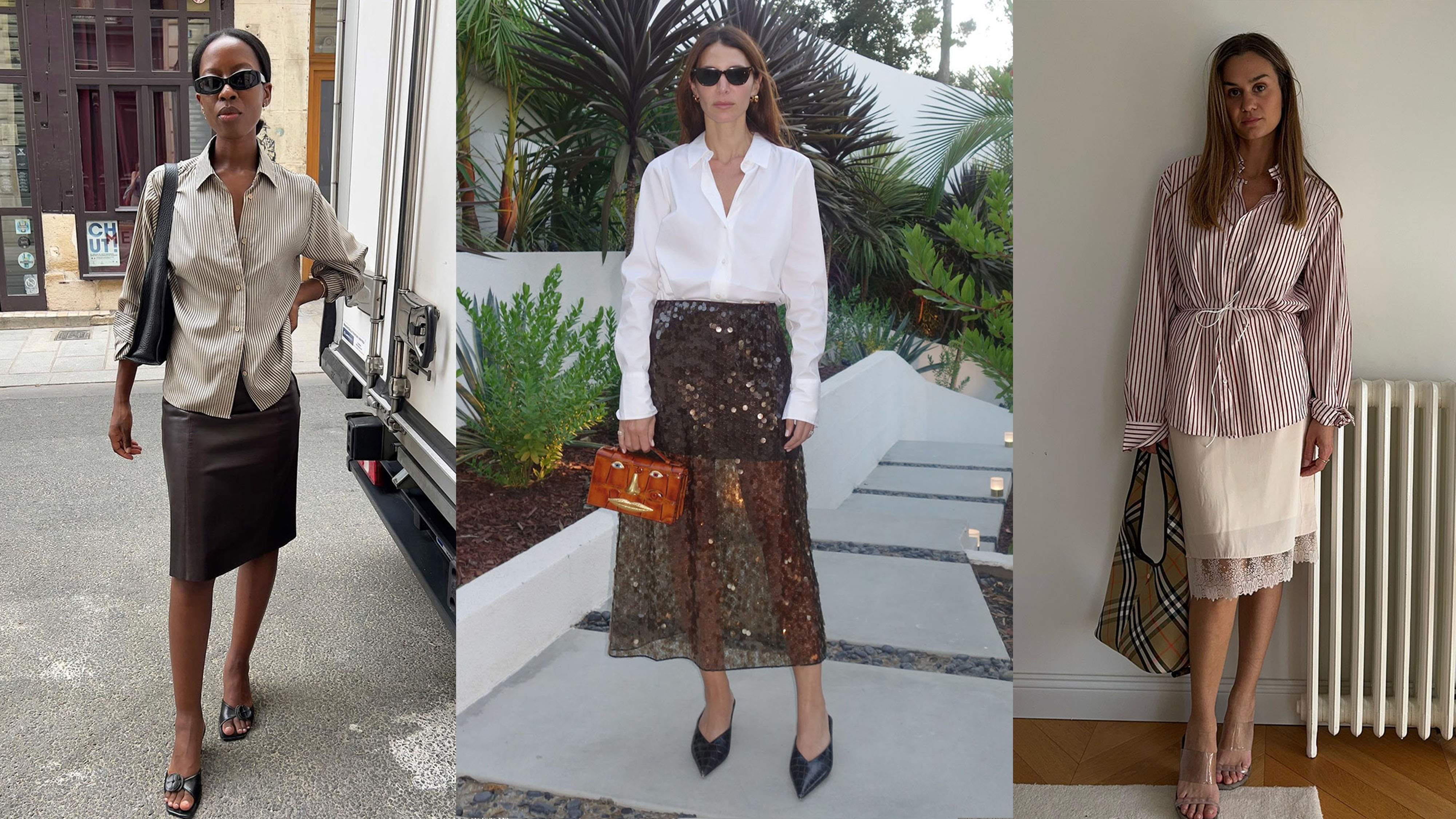 Collage of women wearing button-downs with skirts.
