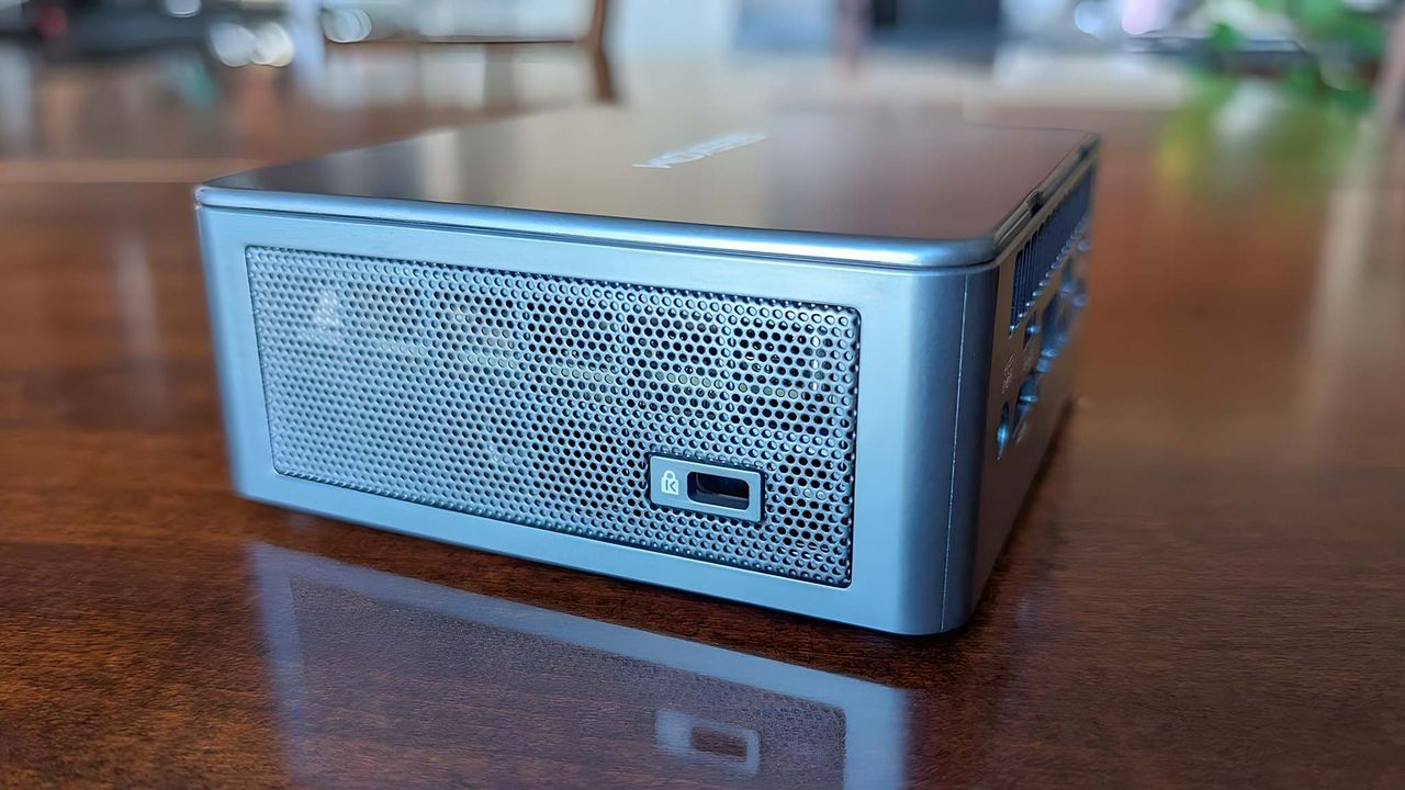 Closeup of the Geekom Mini IT13's Kensington Lock.