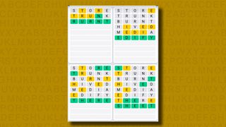 Quordle Daily Sequence answers for game 1121 on a yellow background