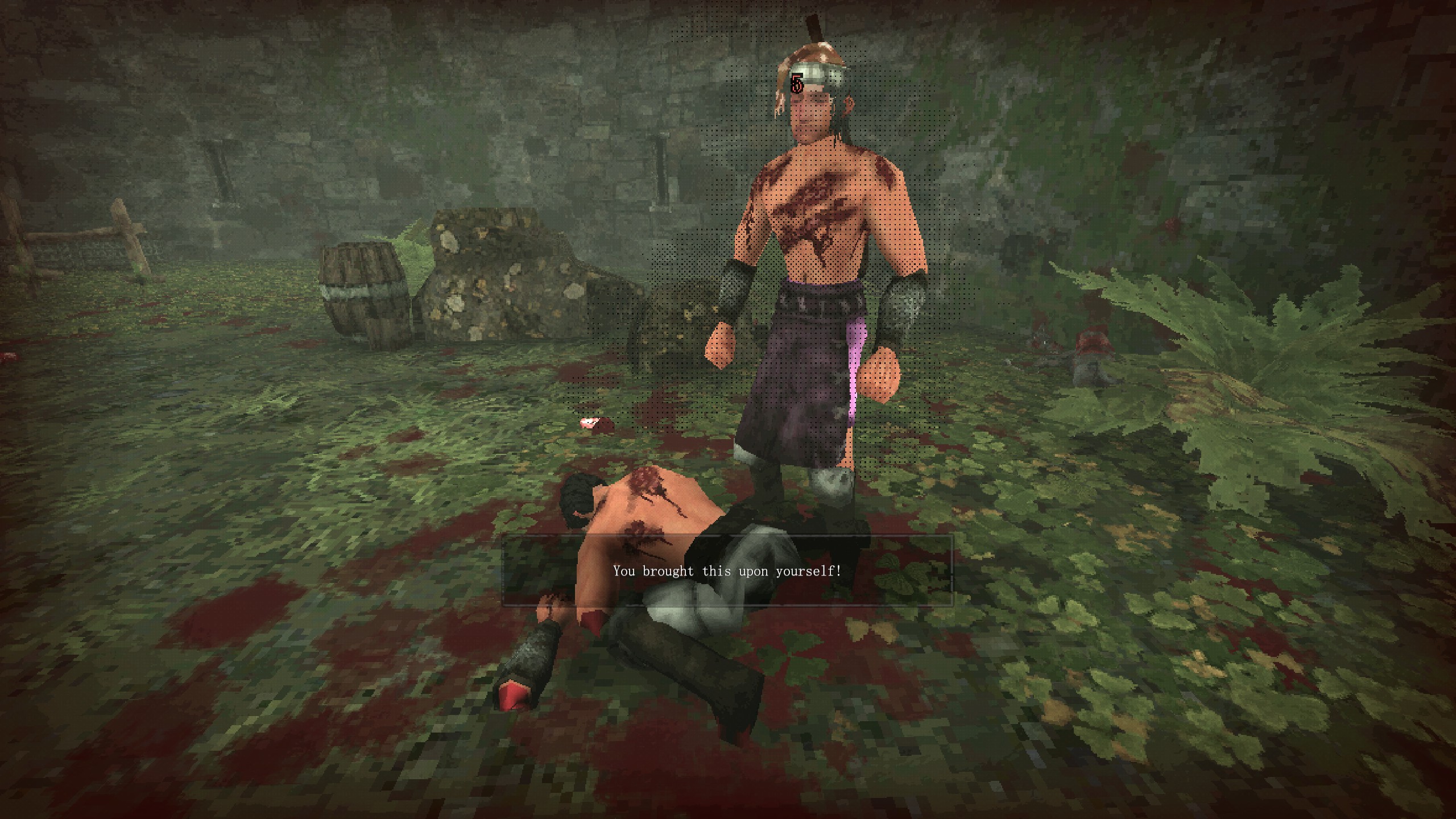 Sword hero battered enemy standing over player corpse.