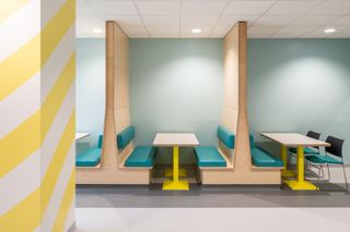 discussion and meeting booths in new colourful space for young mental health patients in Edinburgh by Projects Office