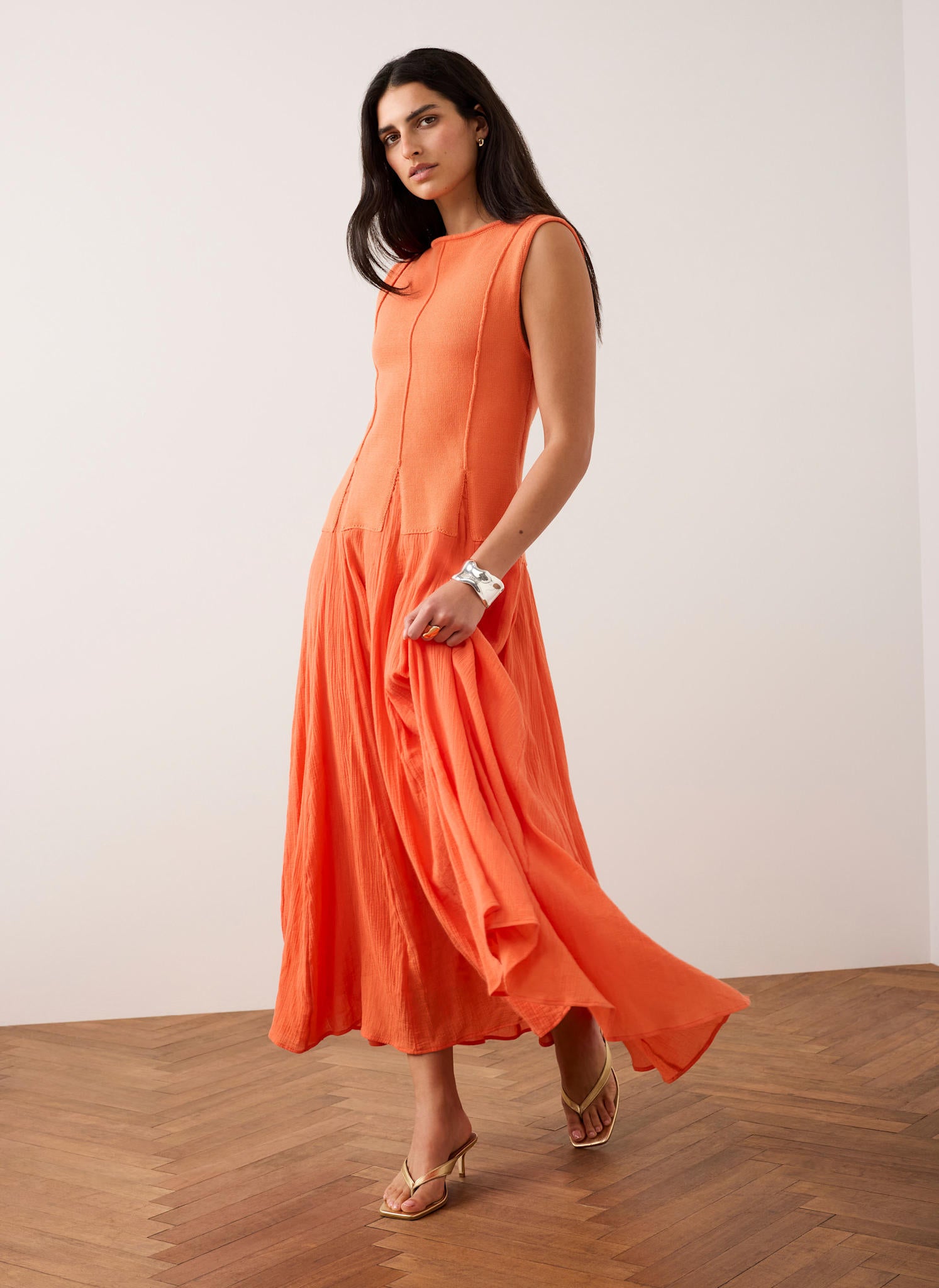 Orange Cotton Blend Drop Waist Maxi Dress