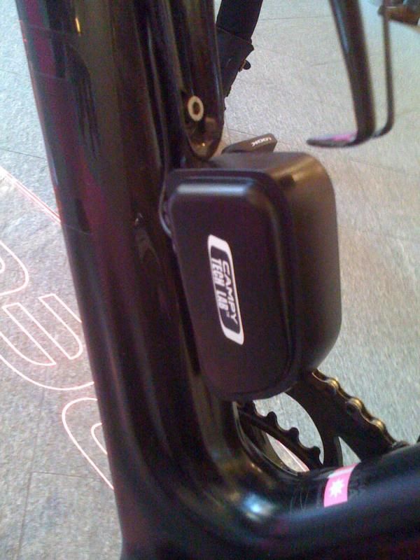 The battery for Campagnolo's electric group is located on the downtube.
