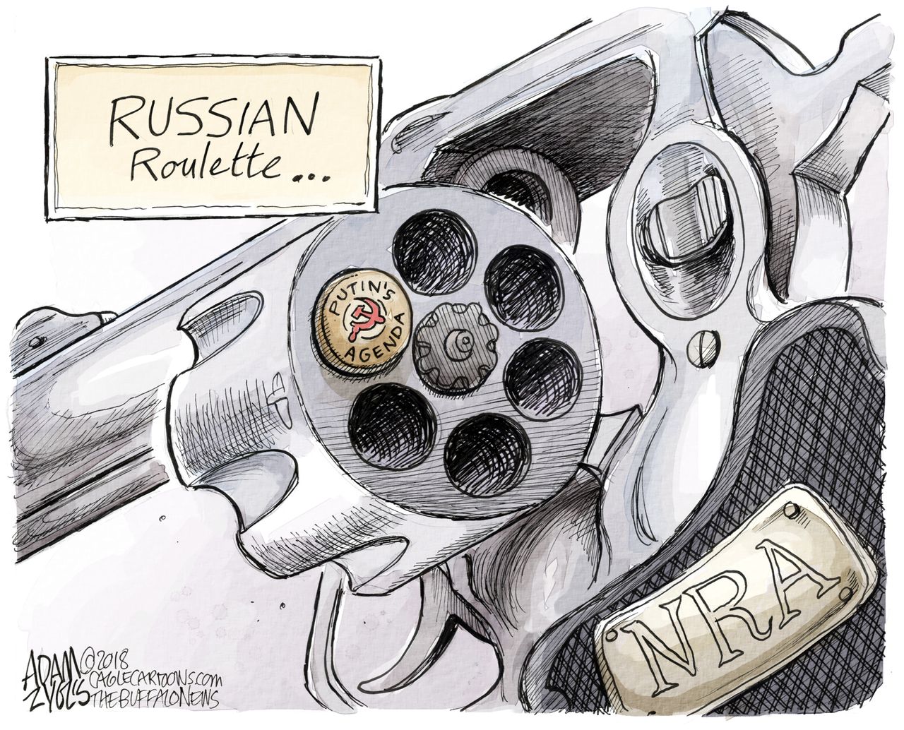 Political cartoon U.S. Russian roulette Trump Putin NRA gun