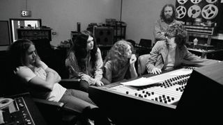 (from left) Ronnie Van Zant, Gary Rossington and Allen Collins work with producer Al Kooper on (Pronounced ’Leh-’nérd ’Skin-’nérd) as engineer Bob “Tub” Langford looks on, at Studio One, Doraville Atlanta, Georgia, May 6, 1973.
