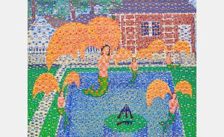 painting of mermaids in pool, in garden of a house