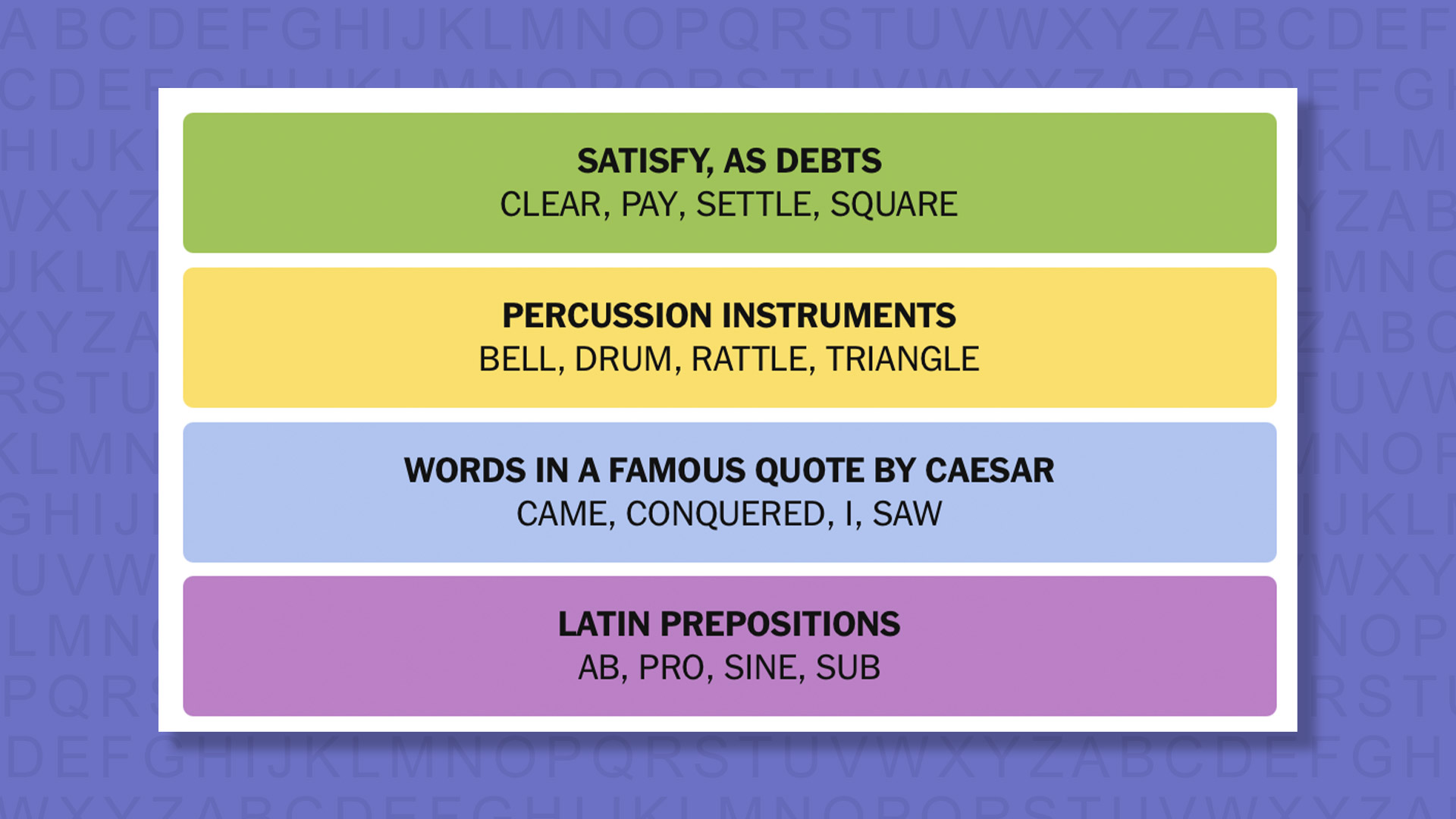 NYT Connections answers for game 883 on a purple background