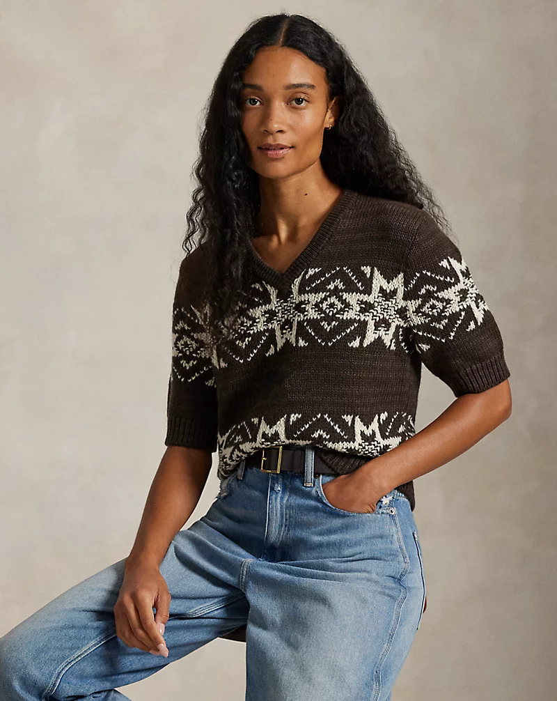 Snowflake V Neck Short Sleeve Sweater