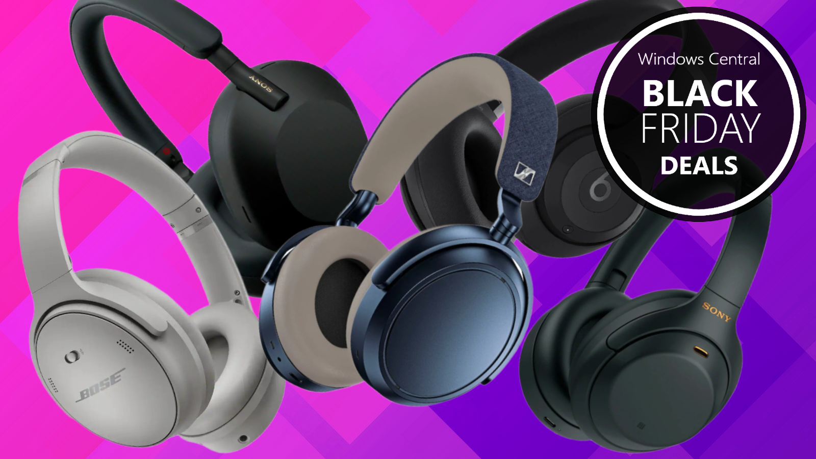 Image of various wireless ANC headphones on a purple background for Black Friday.