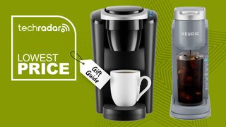 black coffee maker against green background
