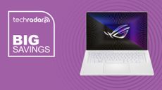 Asus Zephyrus G16 gaming laptop on purple background with big savings text overlay