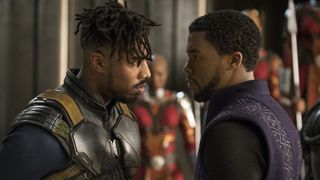 T'Challa and Killmonger stare each other down in Marvel Studios' Black Panther