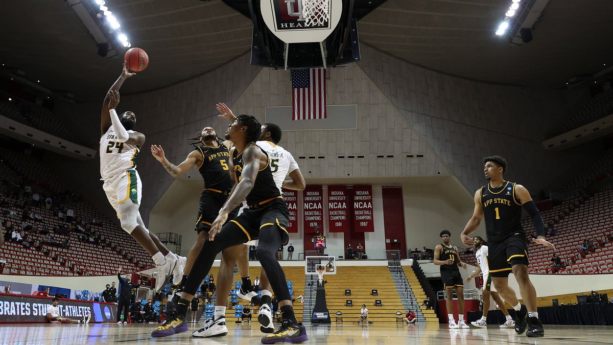 Jalen Hawkins of the Norfolk State Spartans shoots during the first half against the Appalachian State Mountaineers in a First Four game during the NCAA Men&#039;s Basketball Tournament at Assembly Hall on March 18, 2021 in Bloomington, Indiana.