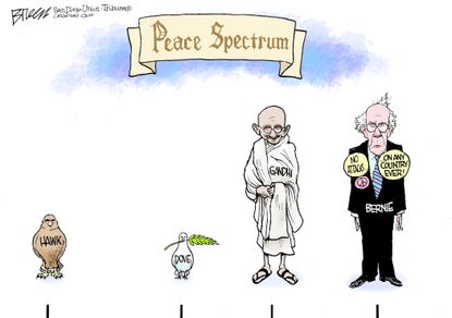 Political Cartoon U.S. Bernie peace Gandhi Iran