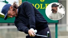 Tommy Fleetwood hits an iron off the tee, with a close-up of his Malbon clothing in a circle