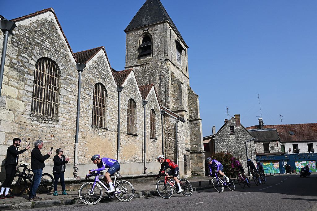 CARRIERES-SOUS-POISSY, FRANCE - MARCH 08: (L-R) Patrick Gamper of Austria and Team Jayco AlUla, Sebastien Grignard of Belgium and Team Lotto Intermarch&amp;eacute; and a general view of the breakaway competing during the 84th Paris-Nice 2026, Stage 1 a 170.9km stage from Acheres to Carrieres-sous-Poissy / #UCIWT / on March 08, 2026 in Carrieres-sous-Poissy, France. (Photo by Szymon Gruchalski/Getty Images)