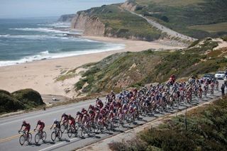 The Amgen Tour of California peloton takes in stunning scenery along the coast.