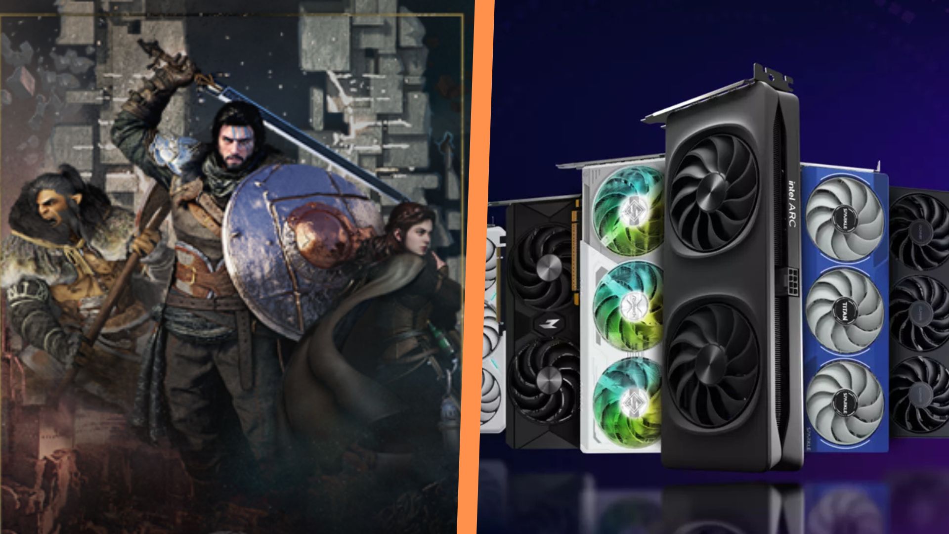 A banner image for Crimson Desert side by side with a marketing image for Intel Arc GPUs, separated by an orange line