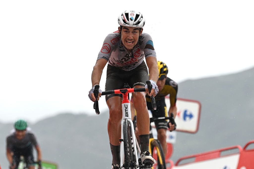 LAGOS DE COVADONGA SPAIN SEPTEMBER 01 Clment Champoussin of France and AG2R Citren Team crosses the finishing line during the 76th Tour of Spain 2021 Stage 17 a 1855km stage from Unquera to Lagos de Covadonga 1085m lavuelta LaVuelta21 on September 01 2021 in Lagos de Covadonga Spain Photo by Stuart FranklinGetty Images