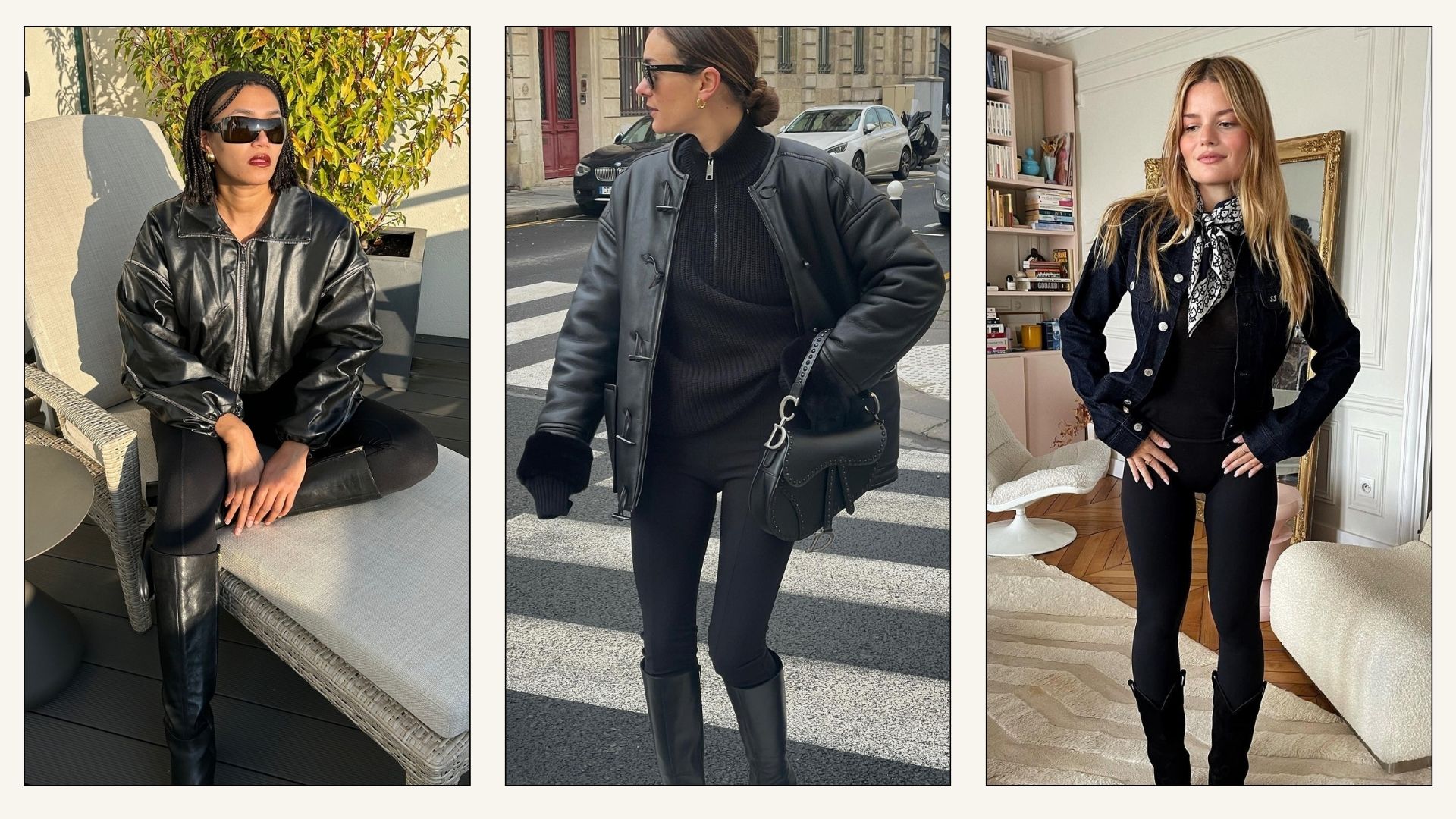Collage of influencers wearing black leggings with black knee-high boots.
