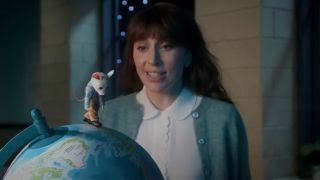 Lady Gaga sings to Pip the mouse as he sadly walks on a globe for the sketch "Pip" in SNL S50 E15.