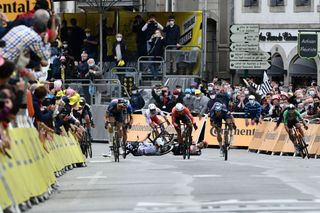 Team Lotto Soudals Caleb Ewan of Australia and Team Bora Hansgrohes Peter Sagan of Slovakia rear C fall behind first row from L Team Alpecin Fenix Tim Merlier of Belgium Team Arkea Samsics Nacer Bouhanni of France and Team Alpecin Fenix Jasper Philipsen of Belgium as they sprint to cross the finish line of the 3rd stage of the 108th edition of the Tour de France cycling race 182 km between Lorient and Pontivy on June 28 2021 Photo by Philippe LOPEZ POOL AFP Photo by PHILIPPE LOPEZPOOLAFP via Getty Images